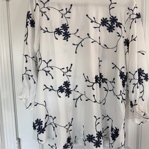 Chic White Blouse with Black Floral Embroidery